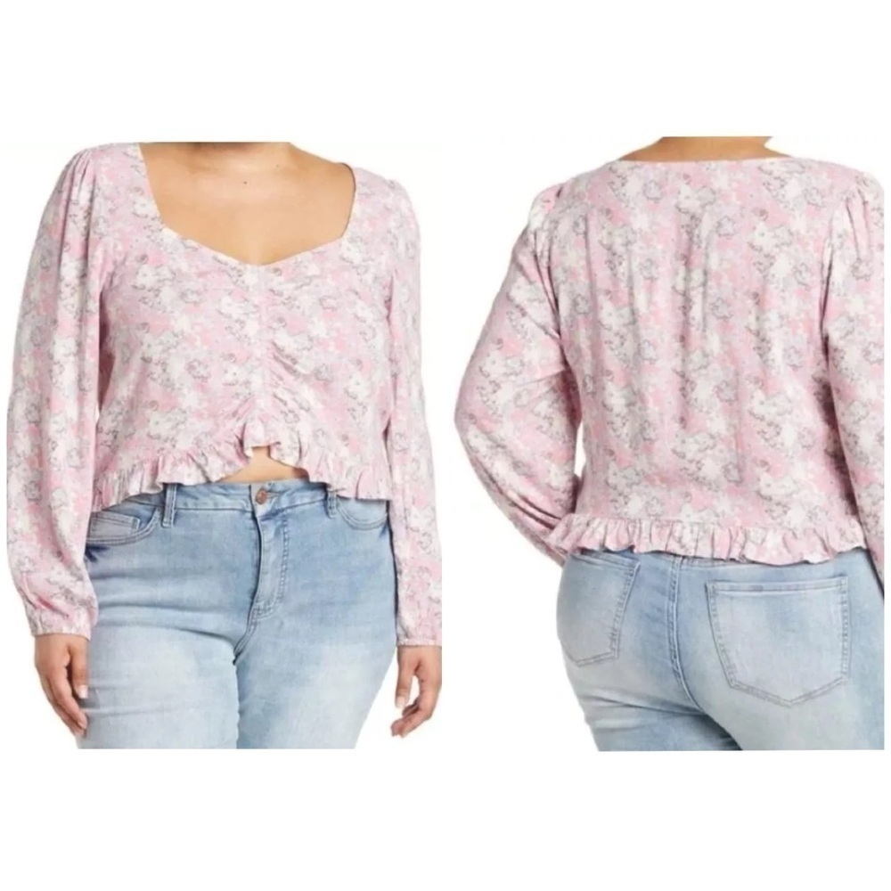 Abound Cinched Floral Long Sleeve Crop Blouse Pink & Purple Size Size Medium